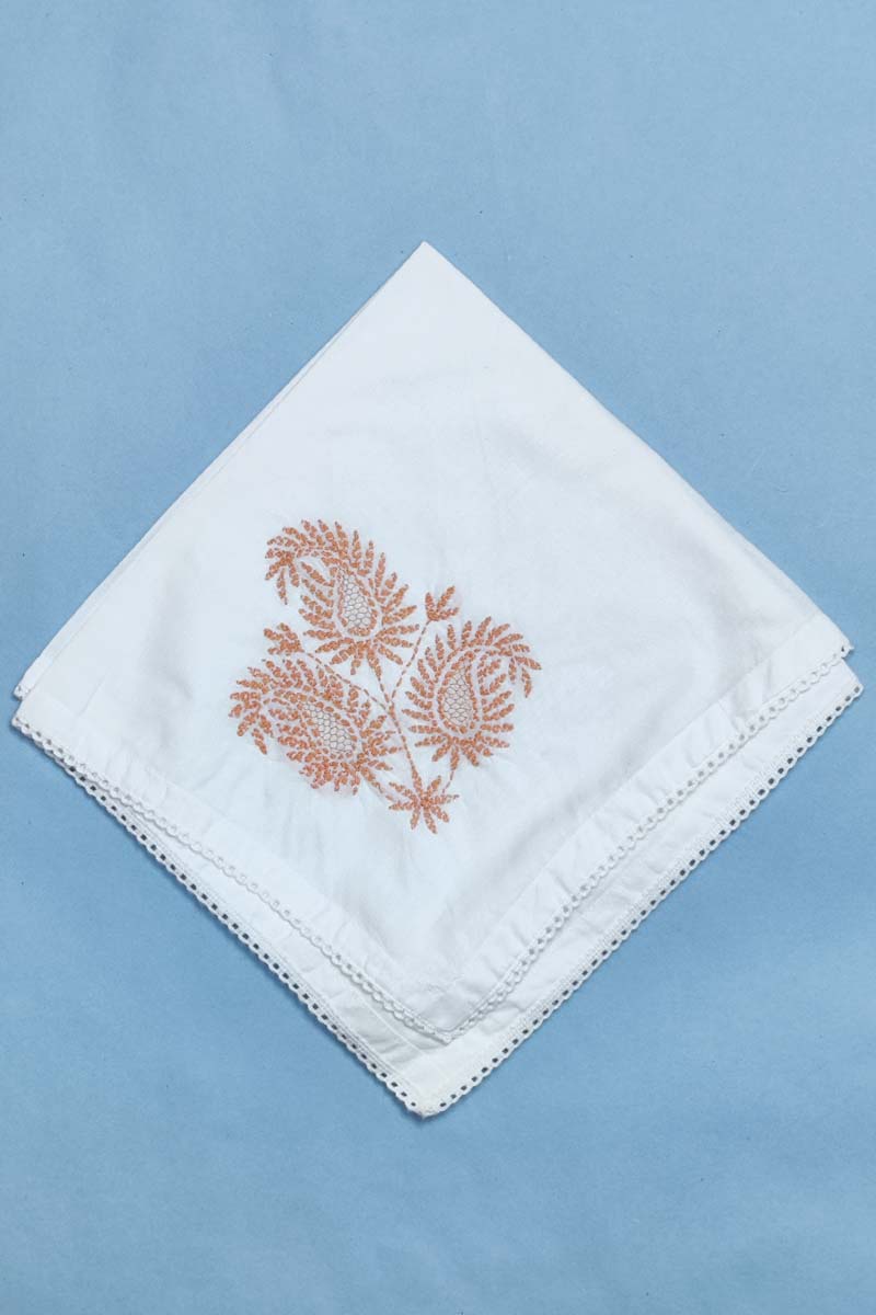 Hand Embroidered Tepchi Work White Cotton Lucknowi Chikan Tea Napkin (Set Of 5 pcs) )